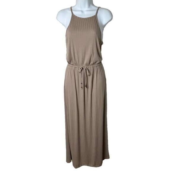 Pink Rose Women's Maxi Dress S Tan Ribbed Drawstring Blouson Sleeveless Long - Picture 1 of 7